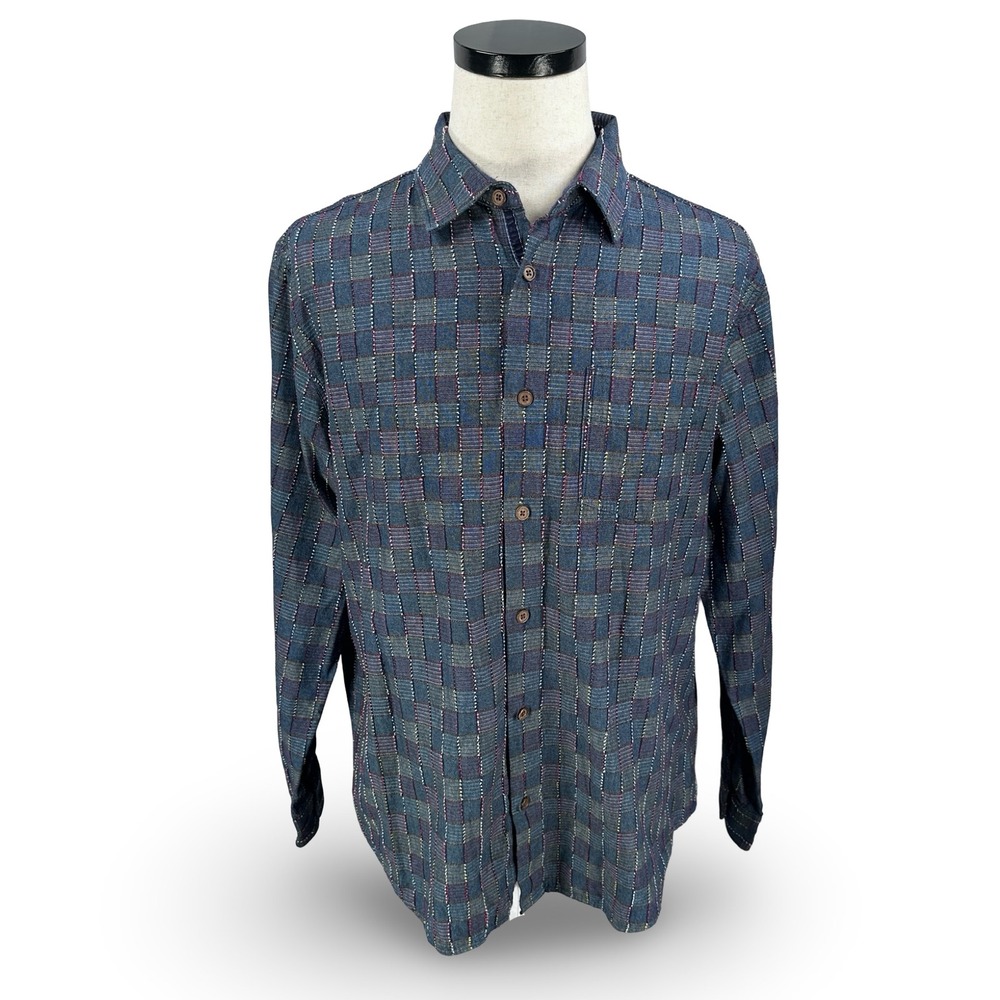 Carbon2Cobalt Mens Large Button Front Shirt Blue Check Textured Plaid Cotton